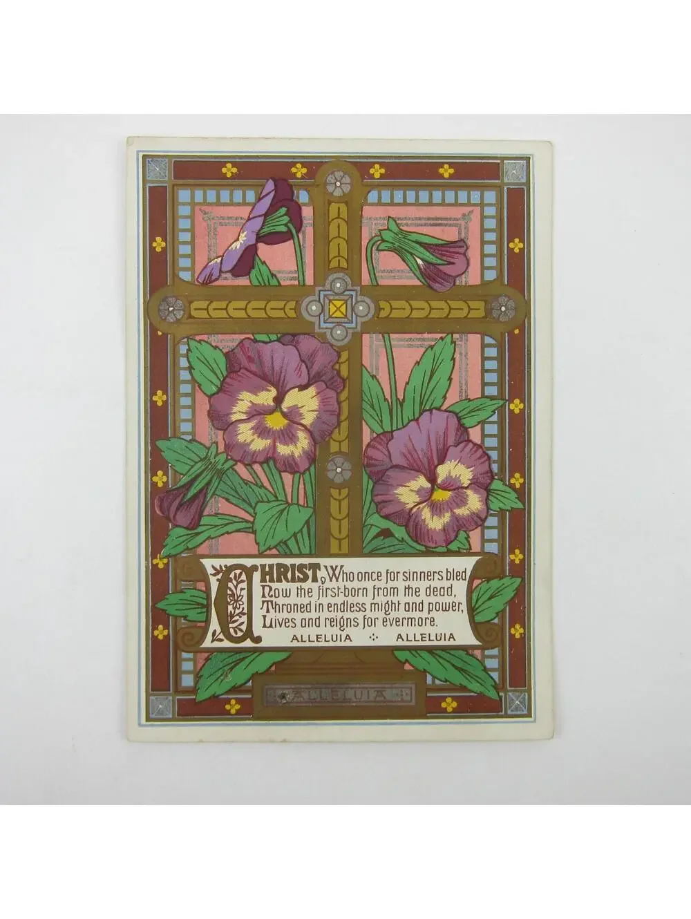 Victorian Greeting Card Easter Purple & Yellow Pansy Flowers Gold Cross Antique